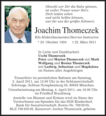 Todesanzeige von Joachim Thomeczek von MERKUR & TZ