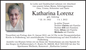 Todesanzeige von Katharina Lorenz von MERKUR & TZ