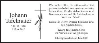 Todesanzeige von Johann Tafelmaier von MERKUR & TZ