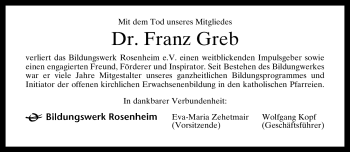 Todesanzeige von Franz Greb von MERKUR & TZ