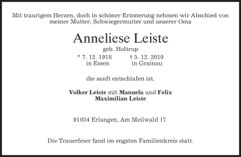 Todesanzeige von Anneliese Leiste von MERKUR & TZ