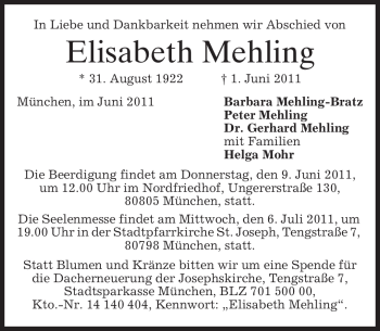 Todesanzeige von Elisabeth Mehling von MERKUR & TZ