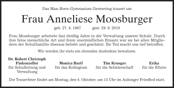 Todesanzeige von Anneliese Moosburger von MERKUR & TZ
