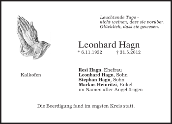Todesanzeige von Leonhard Hagn von MERKUR & TZ