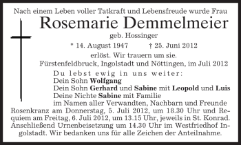 Todesanzeige von Rosemarie Demmelmeier von MERKUR & TZ