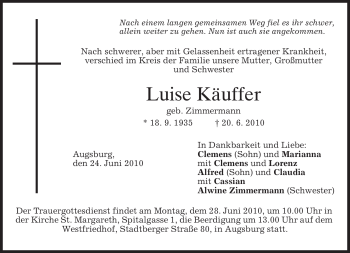 Todesanzeige von Luise Käuffer von MERKUR & TZ