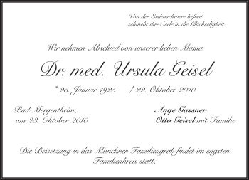 Todesanzeige von Ursula Geisel von MERKUR & TZ