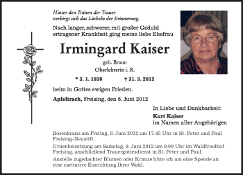 Todesanzeige von Irmingard Kaiser von MERKUR & TZ