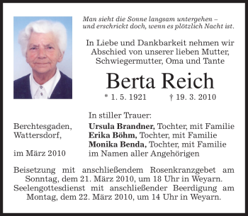 Todesanzeige von Berta Reich von MERKUR & TZ