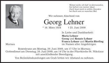 Todesanzeige von Georg Lehner von MERKUR & TZ