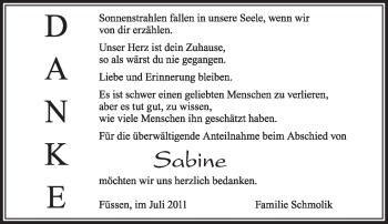 Todesanzeige von Sabine Schmolik von MERKUR & TZ