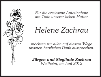 Todesanzeige von Helene Zachrau von MERKUR & TZ