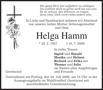 Todesanzeige von Helga Hamm von MERKUR & TZ