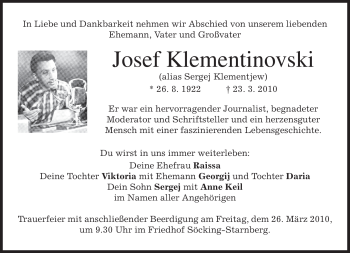Todesanzeige von Josef Klementinovski von MERKUR & TZ