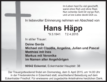 Todesanzeige von Hans Häpp von merkurtz