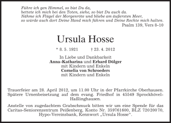 Todesanzeige von Ursula Hosse von MERKUR & TZ
