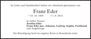 Todesanzeige von Franz Eder von MERKUR & TZ