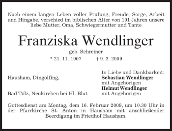 Todesanzeige von Franziska Wendlinger von MERKUR & TZ