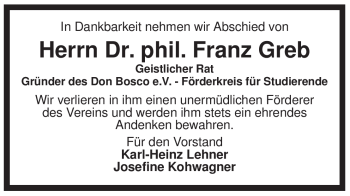 Todesanzeige von Franz Greb von MERKUR & TZ
