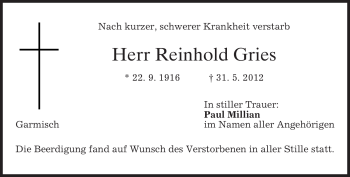 Todesanzeige von Reinhold Gries von MERKUR & TZ