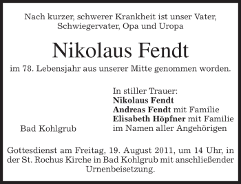 Todesanzeige von Nikolaus Fendt von MERKUR & TZ