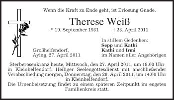 Todesanzeige von Therese Weiß von MERKUR & TZ