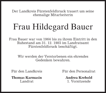 Todesanzeige von Hildegard Bauer von merkurtz