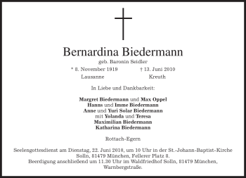 Todesanzeige von Bernardina Biedermann von MERKUR & TZ