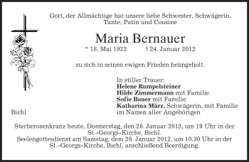Todesanzeige von Maria Bernauer von MERKUR & TZ