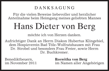 Todesanzeige von Hans Dieter von Berg von MERKUR & TZ