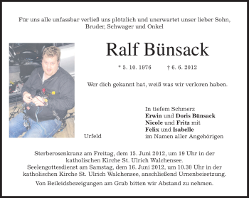 Todesanzeige von Ralf Bünsack von MERKUR & TZ