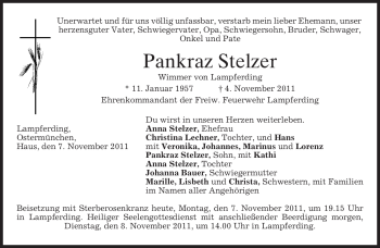 Todesanzeige von Pankraz Stelzer von MERKUR & TZ