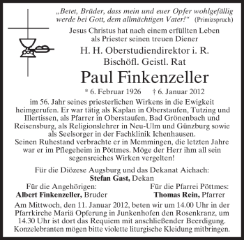 Todesanzeige von Paul Finkenzeller von MERKUR & TZ