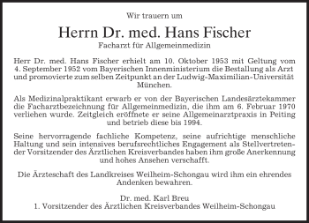 Todesanzeige von Hans Fischer von MERKUR & TZ