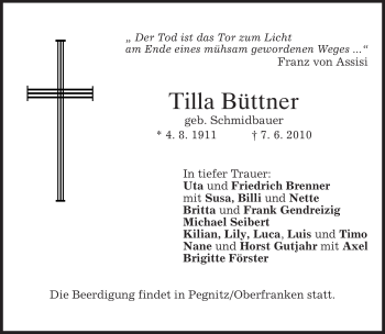 Todesanzeige von Tilla Büttner von MERKUR & TZ