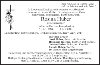 Todesanzeige von Rosina Huber von MERKUR & TZ