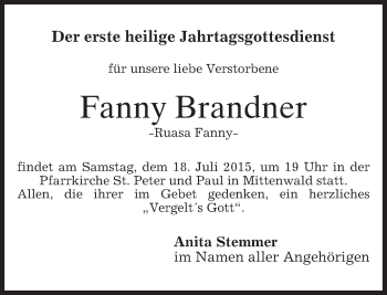 Todesanzeige von Fanny Brandner von merkurtz