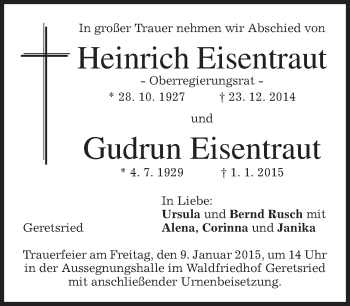 Todesanzeige von Gudrun und Heinrich Eisentraut von merkurtz