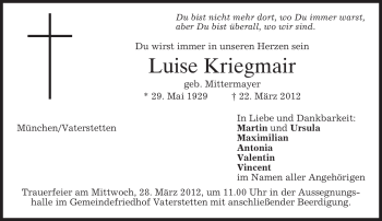Todesanzeige von Luise Kriegmair von MERKUR & TZ