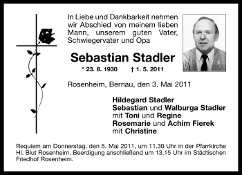 Todesanzeige von Sebastian Stadler von MERKUR & TZ
