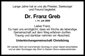 Todesanzeige von Franz Greb von MERKUR & TZ