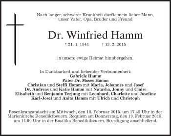 Todesanzeige von Winfried Hamm von merkurtz