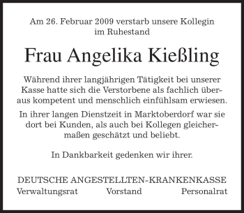 Todesanzeige von Angelika Kießling von MERKUR & TZ