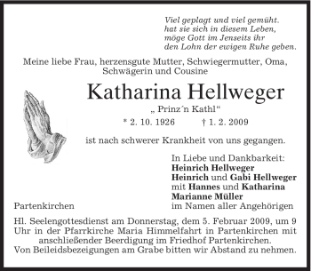 Todesanzeige von Katharina Hellweger von MERKUR & TZ
