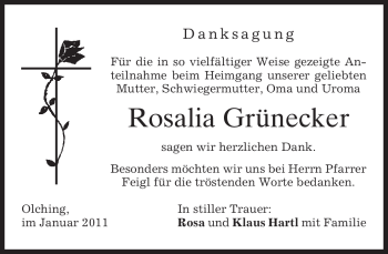 Todesanzeige von Rosalia Grünecker von MERKUR & TZ