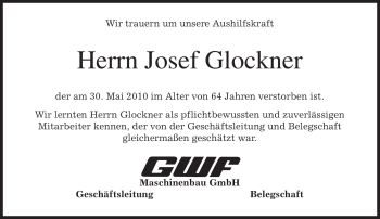 Todesanzeige von Josef Glockner von MERKUR & TZ
