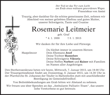Todesanzeige von Rosemarie Leitmeier von merkurtz