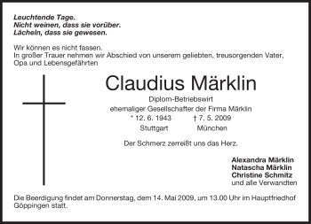 Todesanzeige von Claudius Märklin von MERKUR & TZ