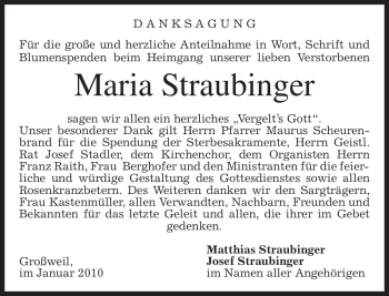 Todesanzeige von Maria Straubinger von MERKUR & TZ