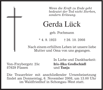Todesanzeige von Gerda Lück von MERKUR & TZ